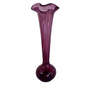 Vintage  Purple Hand Blown Glass Vase Ruffled Top Studio Art 9.25" x 3" Handmade